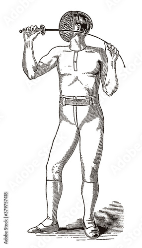 Vintage fencer in frontal view bending the blade of a foil, after an antique illustration from the 19th century