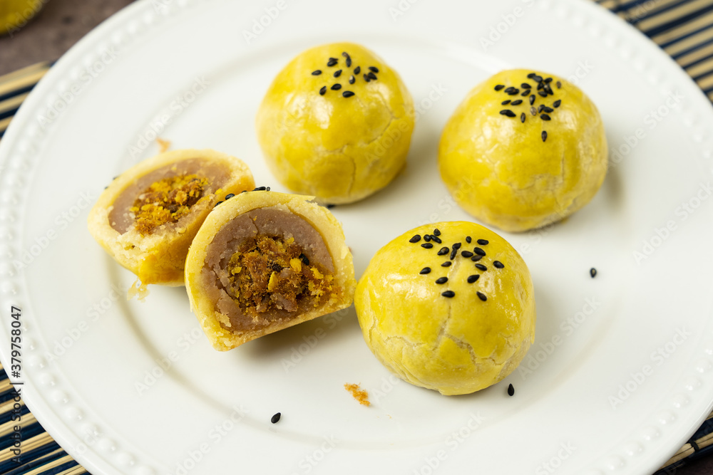 Shanghai yam paste with pork floss mooncake for Chinese Mid Autumn Festival celebration Shanghai yam paste with pork floss mooncake for Chinese Mid Autumn Festival celebration