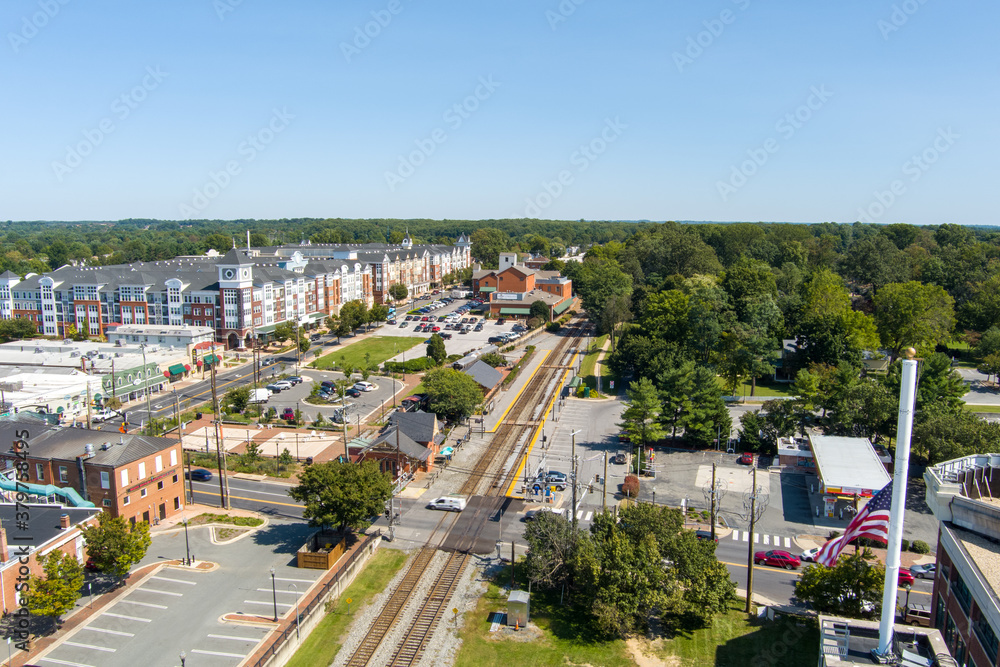 Aerial view of Old Town Gaithersburg in Montgomery County, Maryland. 