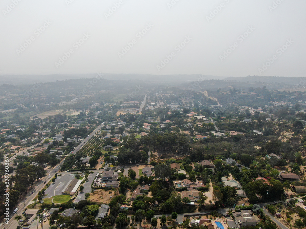 Thick haze and smog over San Diego due to wildfire in California. USA. Air pollution.