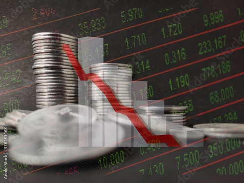 Coin stack step down graph with red arrow, Risk management business financial and investment, Copy space