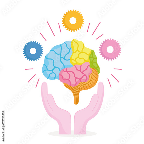 world mental health day, hands with human brain and gears