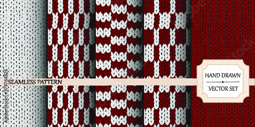 Vector illustration. Set of seamless backgrounds. Knitted texture. Red-white patterns. New Year's and Christmas.