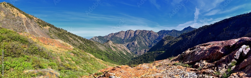 Fototapeta premium Lake Blanche forest and mountain landscape views from trail. Wasatch Front Rocky Mountains, Twin Peaks Wilderness, Wasatch National Forest in Big Cottonwood Canyon in Salt Lake County Utah. 