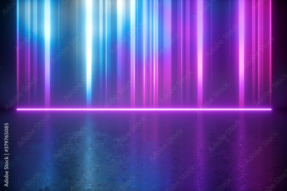3d render, abstract neon light background. Blue pink violet vertical rays. Glowing lines plasma effect