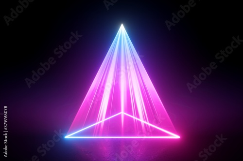 3d render, neon light abstract background, pink laser rays projecting triangular geometric shape on the stage floor. Bright projector photo