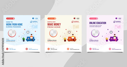 Collection of social media post templates with vector illustration of men working from home or studying at home during the Covid-19 pandemic. Perfect for business webinars, online education, etc