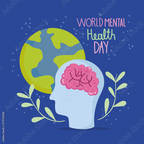 world mental health day, profile head brain planet poster