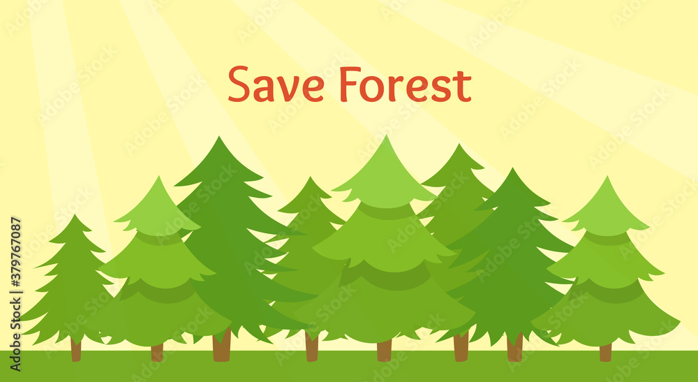 Obraz premium Forest landscape, green silhouettes of coniferous trees. Summer landscape background. Hand drawn pine forest textured card. Vector illustration