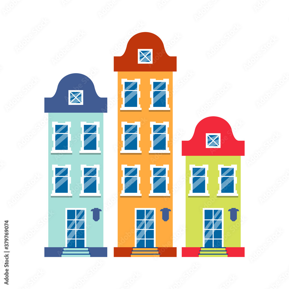 Three cartoon houses colorful architecture Amsterdam. Closeup graphic icon townhouse, european style. Flat urban building tall town and suburban home cottage. Isolated on white vector illustration Three cartoon houses colorful architecture Amsterdam. Closeup graphic icon townhouse, european style. Flat urban building tall town and suburban home cottage. Isolated on white vector illustration