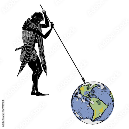 Ancient Greek warrior piercing planet Earth with his spear. Creative environmental concept. Man ruining nature.