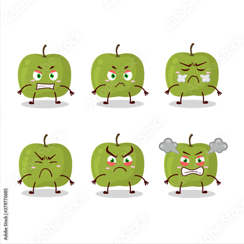 Green apple cartoon character with various angry expressions