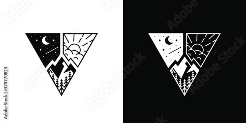  triangle monoline night and day landscape line art emblem logo design
