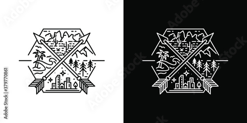 arrow direction of tropical island monoline logo design