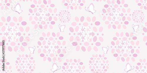 Cute pink Hydrangea floral seamless pattern. Hand drawn purple flower petals and butterflies on white background. Great for women and girls fashion fabric, textile, wrapping paper, scrapbooking