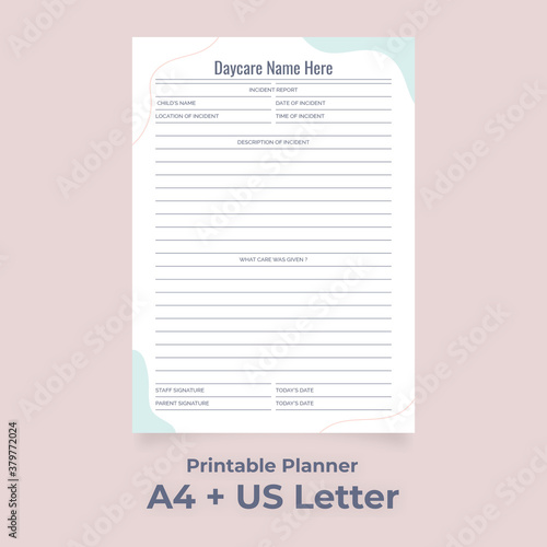 Minimalist Incident Report Printable, Daycare Form, Child Accident, Ouchie Sheet,
Custom planner pages template vector paper A4 and US Letter Ai, EPS 10