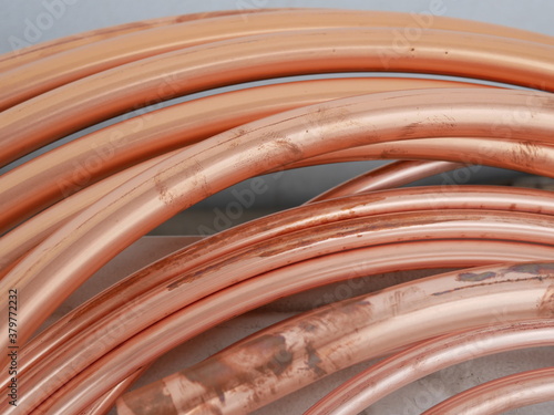 closeup copper pipe of air conditioner.