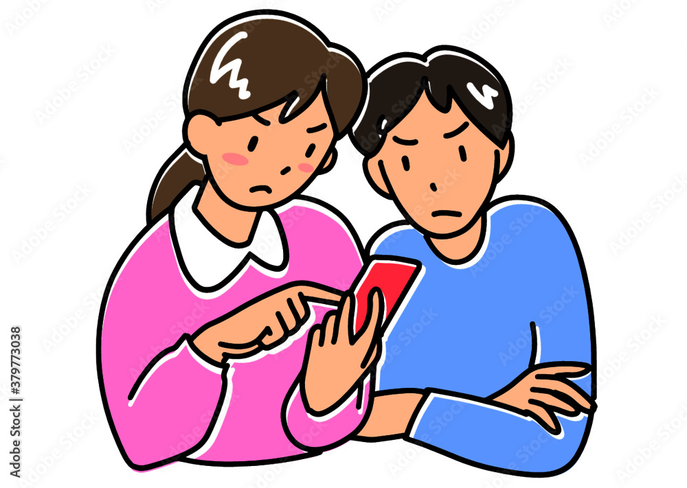 怒った表情でスマホを見る若い男女 怒った表情でスマホを見る若い男女