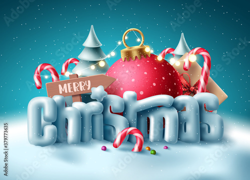 Christmas 3d text vector concept design. Merry christmas greeting typography with miniature decoration in snow winter background for xmas holiday season. Vector illustration 
