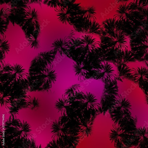 Seamless Miami night tropical pattern black foliage on sunset blur. High quality illustration. Swim, sports, or resort wear repeat print. Dark foreground on blurred background. Dark vibrant colors. © NinjaCodeArtist