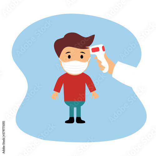 Measuring the temperature of a kids with medical digital infrared thermometer in front view. Covid19 Coronavirus thermo scan checkpoint concept vector illustration.