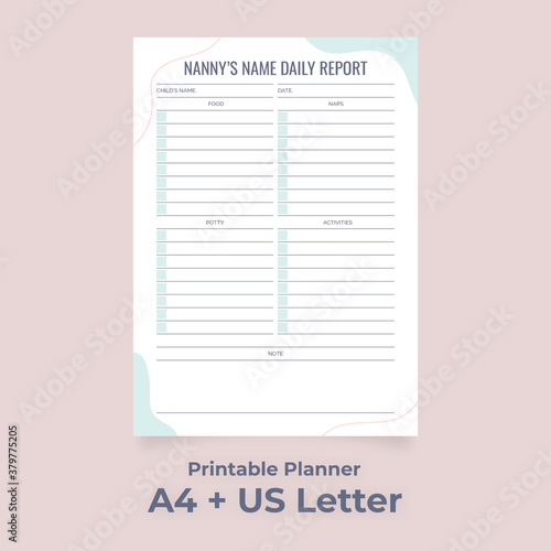 Minimalist Nanny Daily Report Printable for Young Child, Baby Schedule Log, Infant Routine List
Custom planner pages template vector paper A4 and US Letter Ai, EPS 10