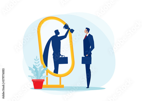 businessman looks in the mirror and sees super queen. Confident power. Business leadership. on blue background vector illustrator