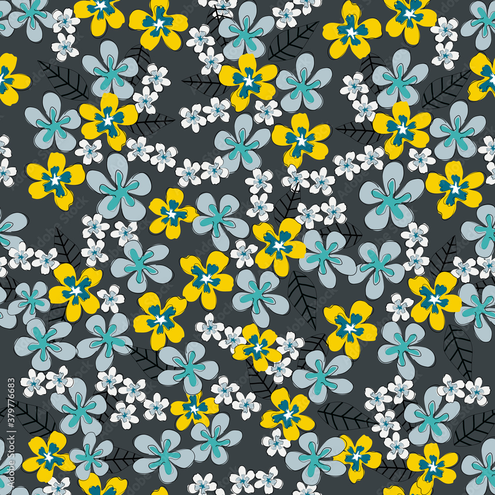 Blooming meadow seamless pattern. Trendy color for fashion. wallpapers, and print. A lot of flowers.  Ditsy style. Pressed flowers. 