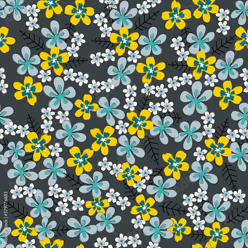 Blooming meadow seamless pattern. Trendy color for fashion. wallpapers, and print. A lot of flowers. Ditsy style. Pressed flowers. 