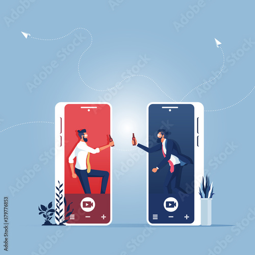 Virtual meeting and video conference concept, Businessman use mobile meeting party with friends online. Vector illustration for videoconference, remote work