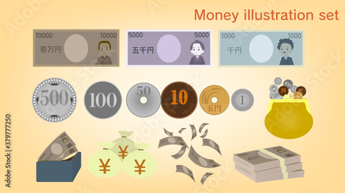一万円から1円、がまぐち財布と札束の日本円のイラストセット