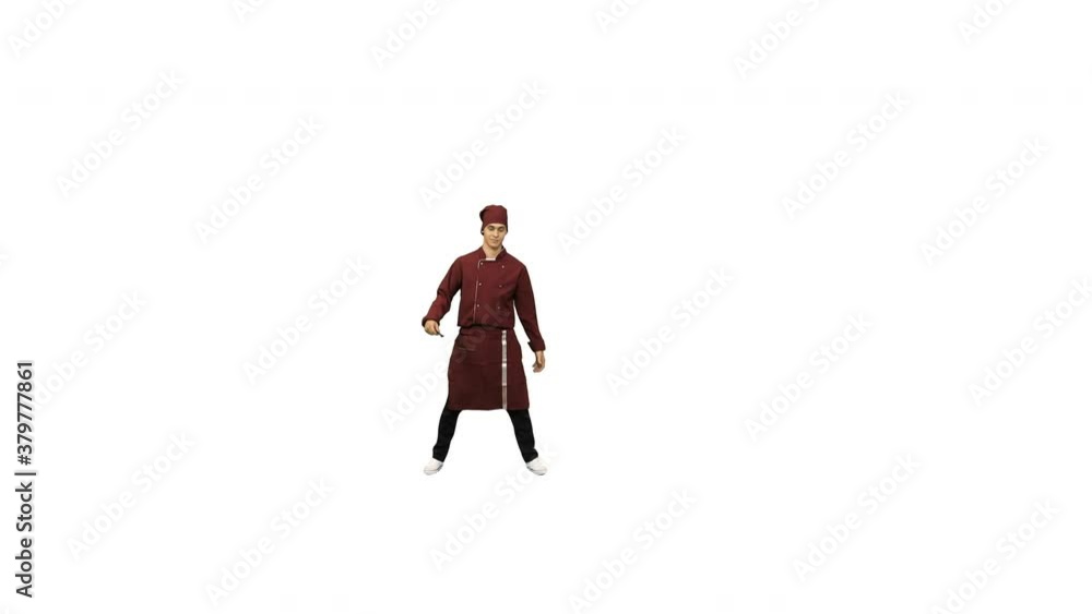 Male chef cook in red uniform break dancing with a spatula and doing hand spins on white background. Male chef cook in red uniform break dancing with a spatula and doing hand spins on white background.