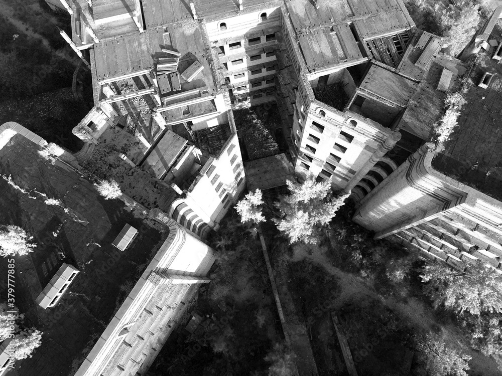Infrared aerial image. Abandoned construction site of Hospital. (aerial drone image)Abandoned at 1991,during Ukrainian undependence crisis. Kiev Region,Ukraine(drone image,infrared filter)