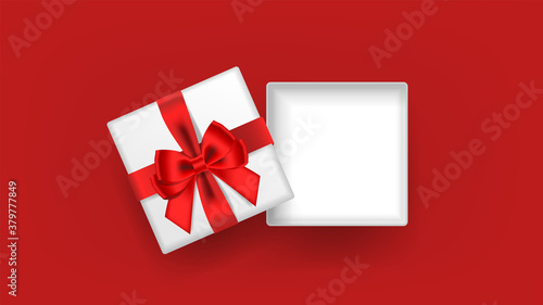White open square gift box decorated with red ribbon tied bow on red background. Top view. Vector illustration. © Happy-Lucky
