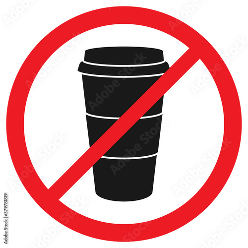 Vector stock icon that prohibits entry with drinks. A Cup of coffee inside a red crossed out circle on a white background