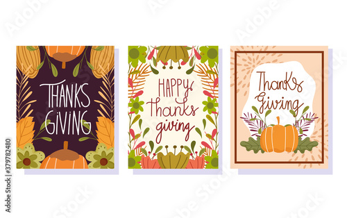 happy thanksgiving day, seasonal lettering foliage leaves pumpkin floral banners