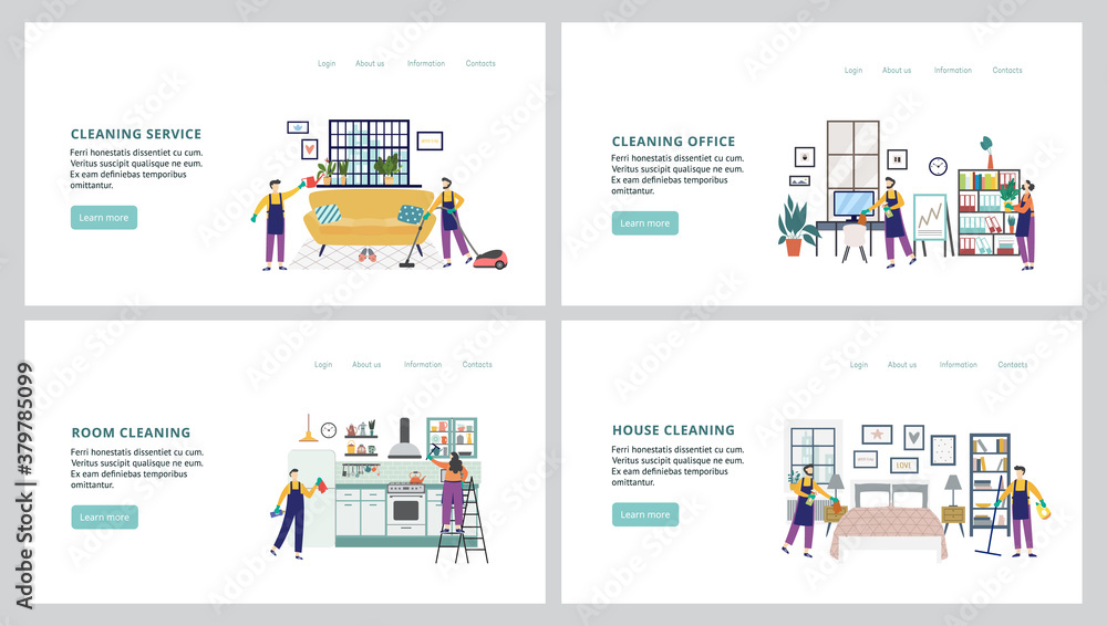 Set banners for cleaning company site with cleaners flat vector illustration.