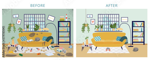 Dirty and clean room before and after cleaning flat cartoon vector illustration.