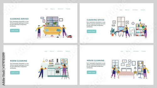 Set banners for cleaning company site with cleaners flat vector illustration.