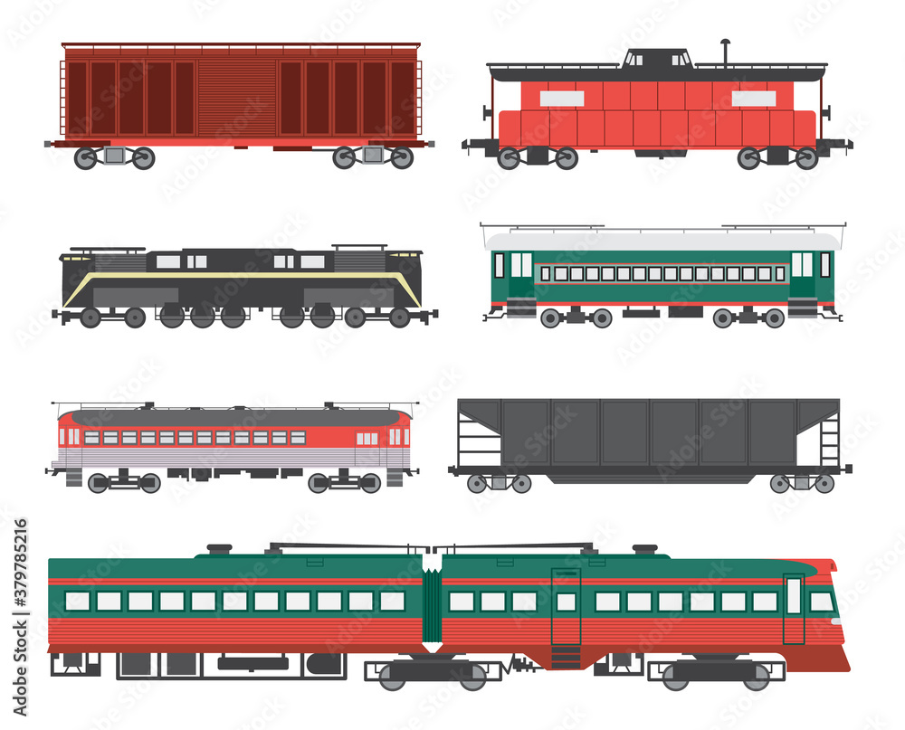 Set railroad trains, wagons and locomotives, flat vector illustration ...