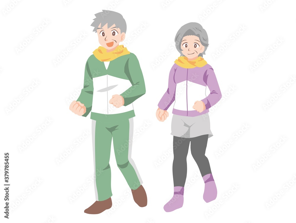 健康の為、仲良くジョギングする高齢夫婦のイラスト 健康の為、仲良くジョギングする高齢夫婦のイラスト