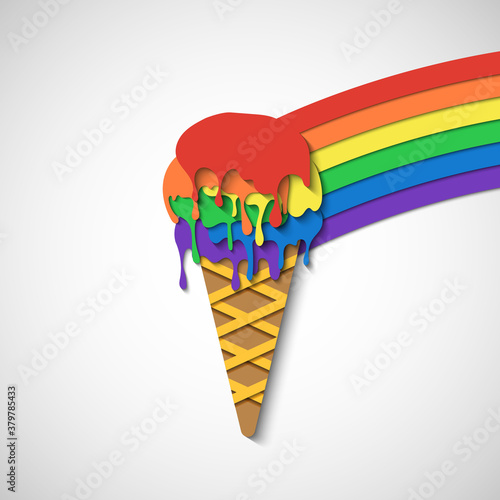 Rainbow Ice Cream cone vector illustration with paper cut art style