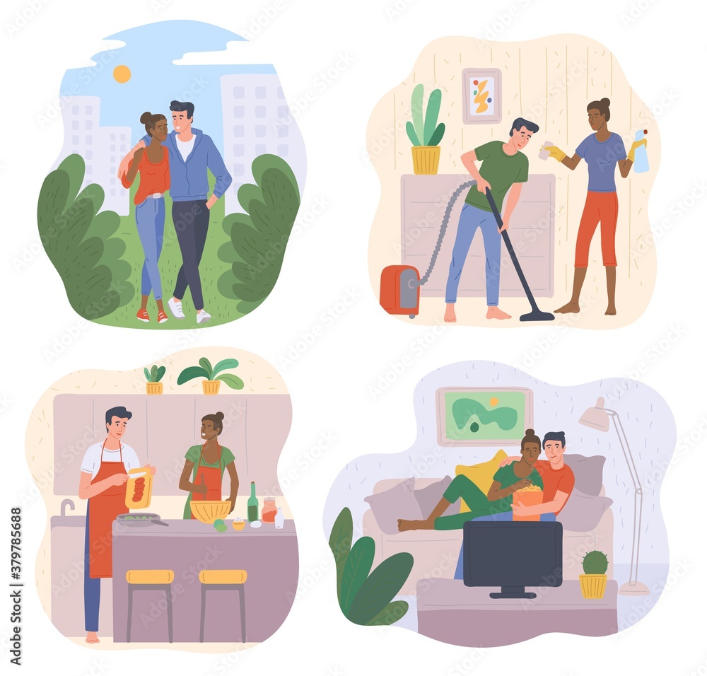 Couple joint pastime set with men and women flat vector illustration isolated.