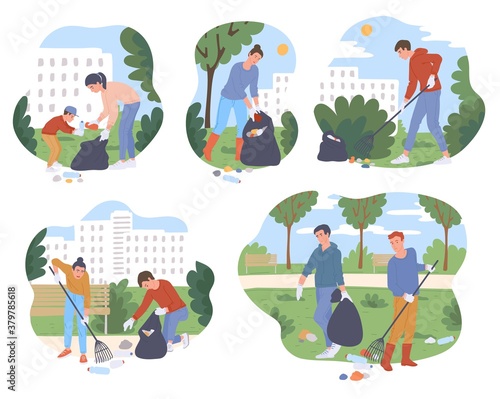 Set of banners with volunteers cleaning park flat vector illustration isolated.