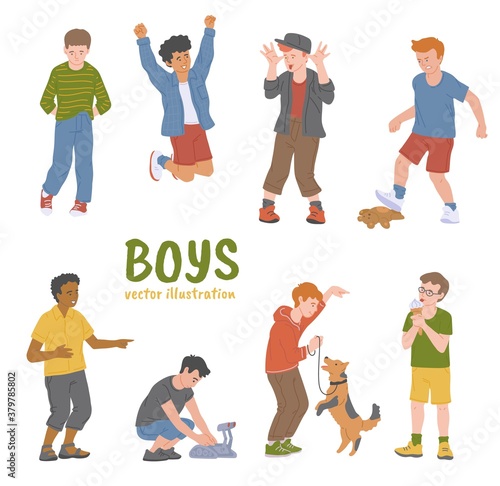 Set of little boys with good and bad behavior flat vector illustration isolated.