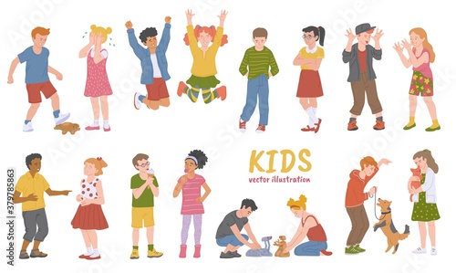 Boys and girls with bad and good behavior flat vector illustration isolated.