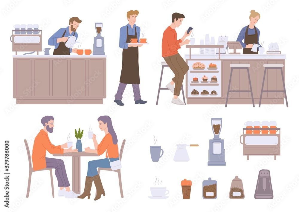 Coffee shop set with visitors and barista flat vector illustration isolated.