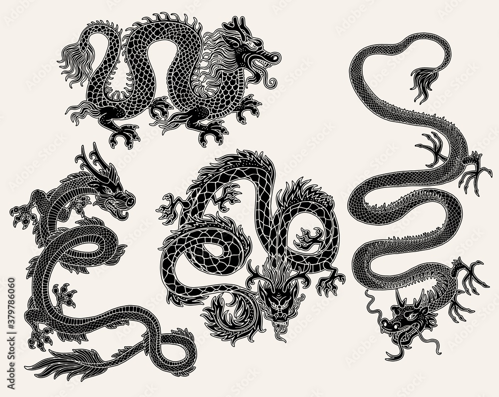 Set of Chinese dragon images in black engraved vector illustration isolated. Set of Chinese dragon images in black engraved vector illustration isolated.