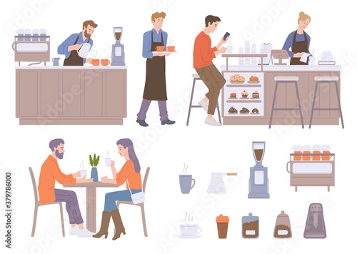 Coffee shop set with visitors and barista flat vector illustration isolated.