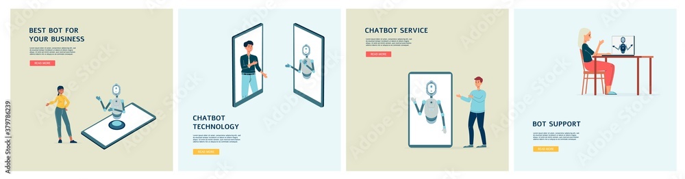 Set of posters with chatbot or robot virtual assistance flat vector illustration. Set of posters with chatbot or robot virtual assistance flat vector illustration.
